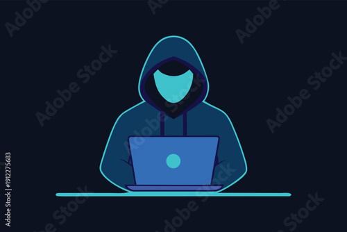 Cyber criminal wearing a hooded jacket, working on a laptop in a dark room, abstract digital art