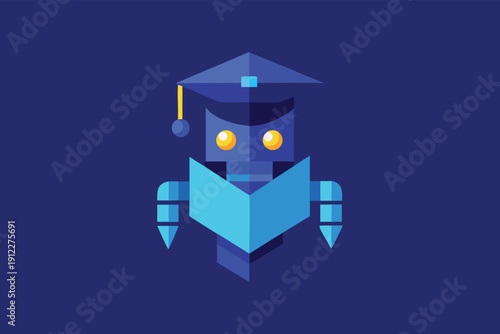 Robotic scholar with graduation cap reading an open book, symbolizing artificial intelligence and education in a digital learning environment