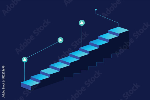 Abstract digital illustration of a glowing blue staircase leading upwards against a dark blue gradient background, symbolizing progress and achievement