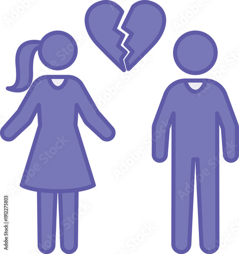 Colored Broken Heart Icon. Vector Icon. Woman, Man, and Two-Halves Heart. Severe Emotional Pain. Emotion, Mental Health