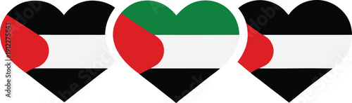 Three hearts representing the flag of the United Arab Emirates, symbolizing love and national pride for the country and its people