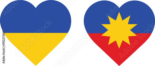 Graphic illustration of two distinct heart-shaped flag icons, featuring vibrant national colors, symbolizing international connection, unity, and patriotic spirit for global themes