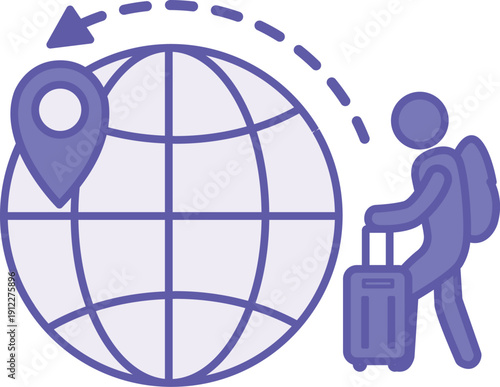 Colored Migration Icon. Vector Icon. Person with Backpack and Suitcase, Planet Earth, and Pin Marker. Migrant, Tourist. Temporary or Permanent Movement of People to Another Country