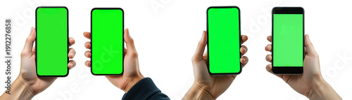 Collection of hands holding a green screen phone isolated on transparent background.