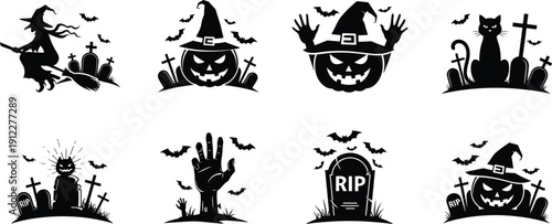 Halloween silhouette set with witch, scary pumpkins, spooky graveyard elements, bats, and black cat, cad drawing flat vector illustration collection