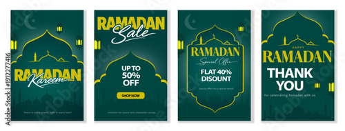 Ramadan Kareem promotional poster set with festive mosque design and special sale offers, fully editable vector file for ramadan sale..