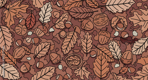 Autumn Leaves and Nuts on Forest Ground – Rustic Fall Nature Landscape Element