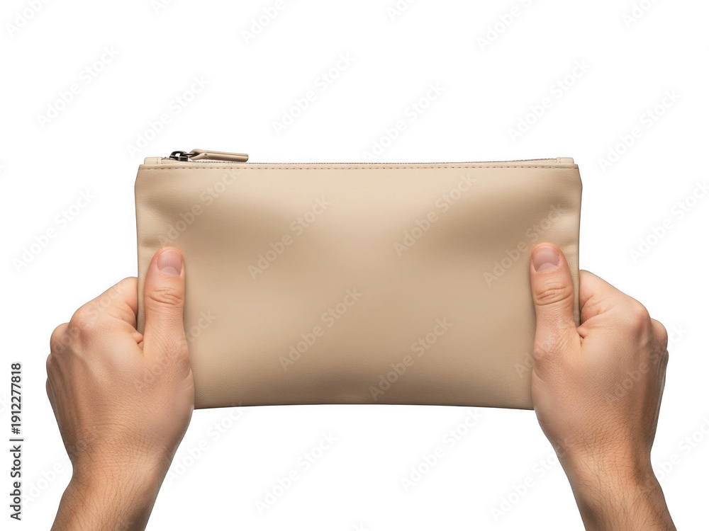 Obraz premium A pair of hands holding a beige cloth pouch with a drawstring closure isolated on transparent background