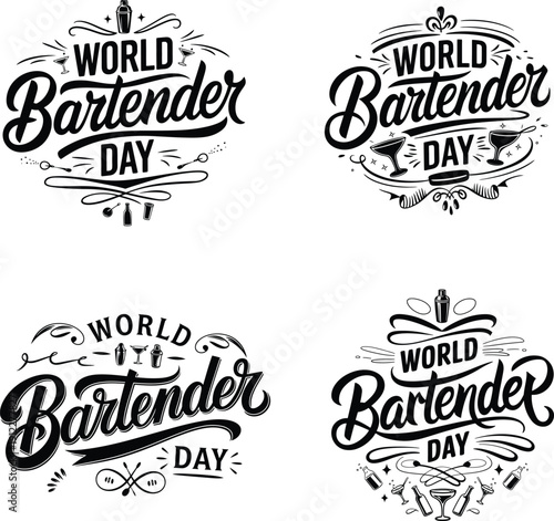 World Bartender Day Hand Lettered Typography Badges and Logo Design vector illustration