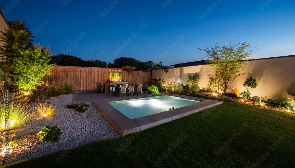 Fototapeta premium modern backyard garden with lighting at night