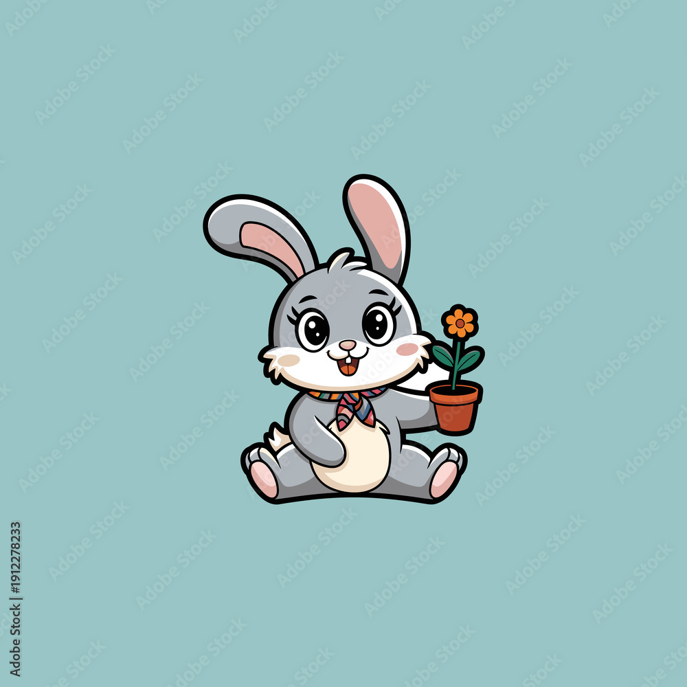 Obraz premium Cute Cartoon Grey Rabbit Illustration on Blue Background, Adorable Sitting Baby Bunny with Large Ears and Pink Cheeks.
