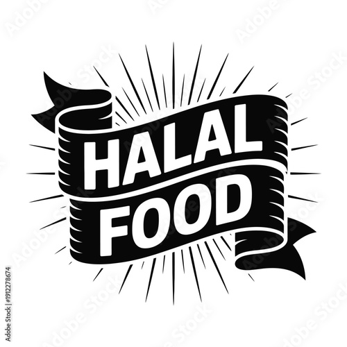 Halal food emblem with sunburst and ribbon design.