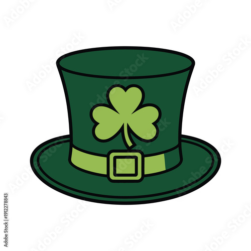 A green top hat with a shamrock and buckle is shown in an illustration.