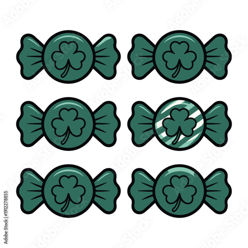Six green candies with shamrock designs for Saint Patrick's Day celebration.