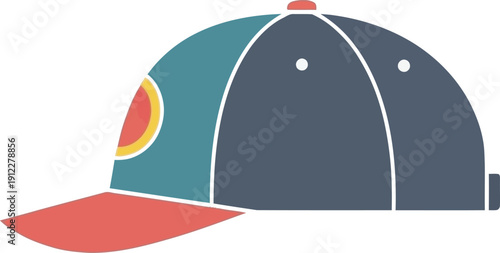 Professional flat vector illustration of a multi-colored baseball cap with a red brim. Vibrant headwear design ideal for sports apparel branding, summer fashion retail, and athletic lifestyle graphics