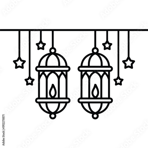 Decorative lanterns and stars hang as festive Islamic holiday adornments.