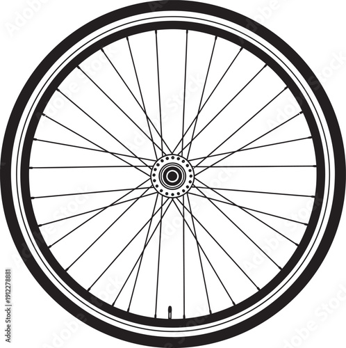 Professional black outline vector of a bicycle wheel seen from a direct side profile. High-quality minimalist design ideal for cycling club branding, bike repair shop logos, or fitness equipment asset