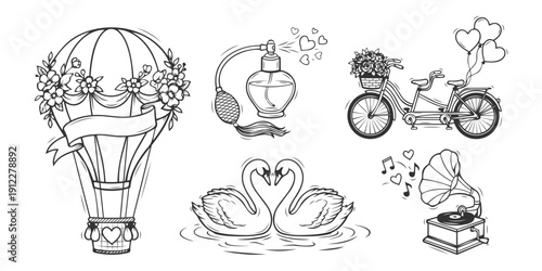 Valentine's Day elements of hot air balloon, perfume bottle, tandem bicycle, heart shape swans, and gramophone, hand drawn vintage set illustration