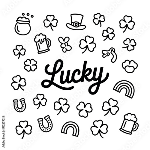 A festive illustration featuring various St. Patrick's Day symbols and the word Lucky in a decorative font.