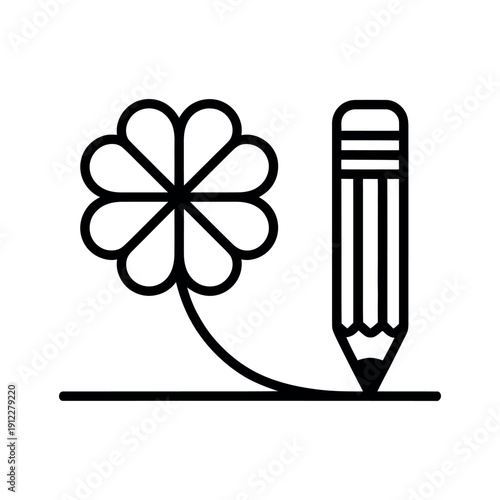 A simple black line drawing of a four-leaf clover growing out of a pencil on a white background