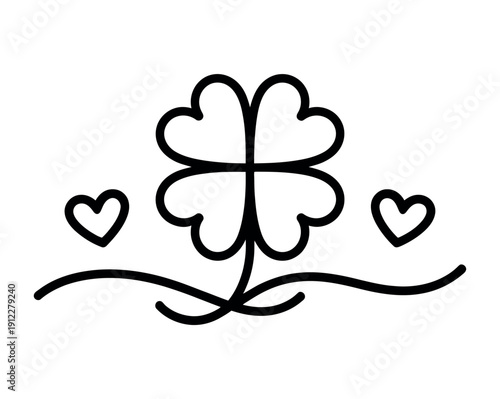 A simple line drawing of a four-leaf clover with two hearts on a white background