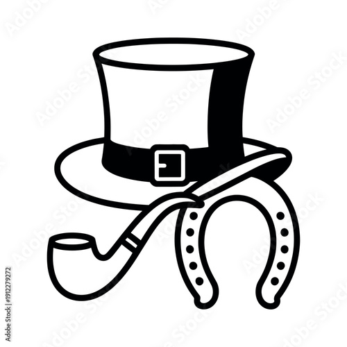 A black and white illustration of a top hat, pipe, and horseshoe.