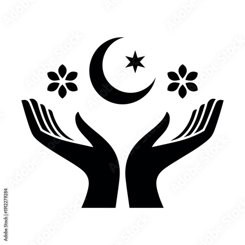 A symbolic illustration of hands cradling a crescent moon and star with flowers