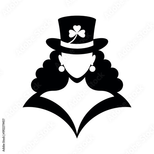 A black and white illustration of a woman wearing a top hat and earrings with a shamrock on her hat