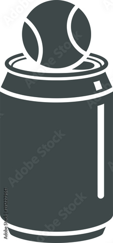 Professional dark silhouette vector of an open tennis ball can with a single ball emerging from the top. Minimalist design ideal for sports equipment retail, tennis club branding, and athletic graphic