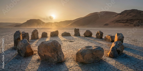 Ancient Stone Circle in Desert Landscape - Sunrise over megalith ring