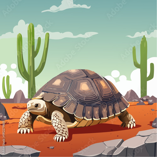 Desert tortoise slowly walking in a hot sandy landscape with cactuses