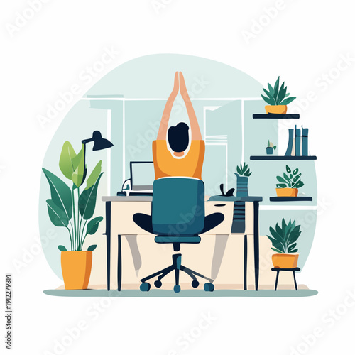 Office worker practicing yoga and meditation at desk for stress relief