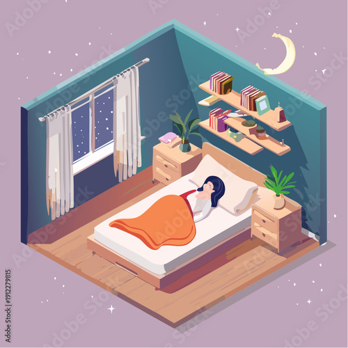 Cozy Bedroom Scene with a Person Sleeping Under the Stars and Moon