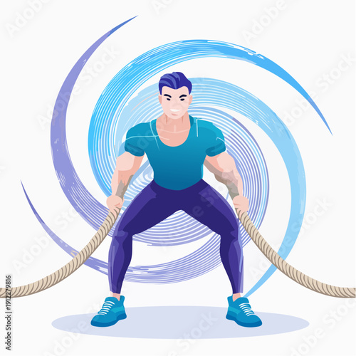 Athletic man training with battle ropes in a gym