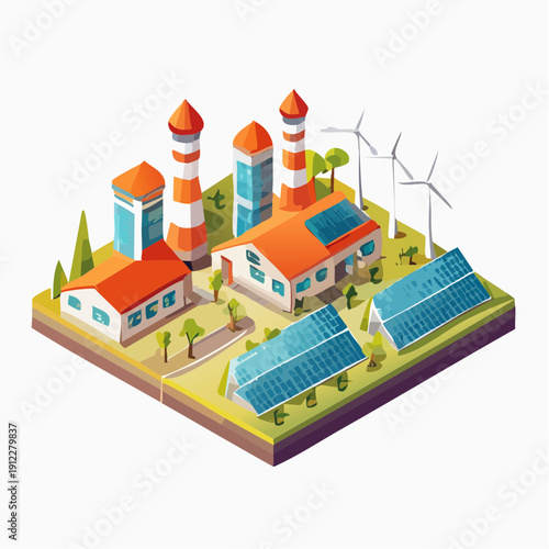 Isometric industrial complex using sustainable energy solar panels, wind turbines, green factory for eco-friendly operations