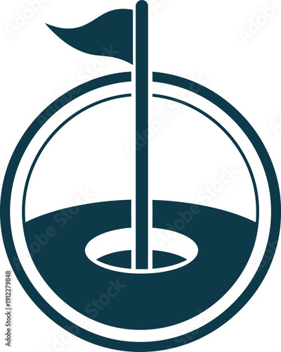 Professional dark blue vector of a golf flagstick in a hole, set within a circular frame. High-quality minimalist design ideal for golf club branding, tournament logos, and course map graphics.