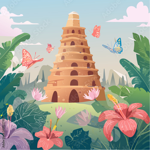 Ancient Asian-inspired Temple Pagoda Nestled in a Thriving Tropical Paradise with Wildlife and Botanical Splendor