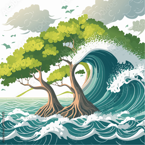 Mighty wave crashes against trees, symbolizing nature's power and resilience in the face of the elements