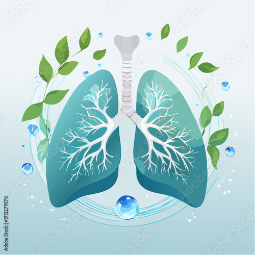 Healthy Lungs Illustration Green Leaves, Water Droplets Symbolize Clean Air and Respiratory Well-being