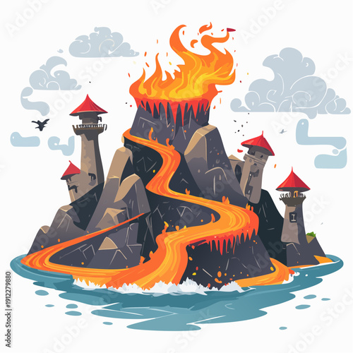 Erupting volcanic island cartoon with fiery lava flowing into the sea, featuring ancient stone towers