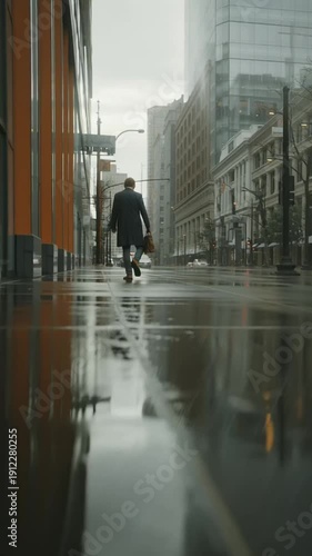 A lone businessman walking down a wet city street on a rainy day in a gloomy urban landscape