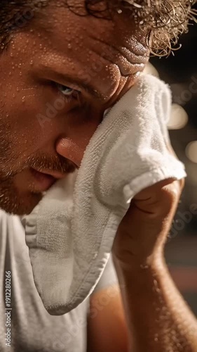 Sweaty man wiping face with towel after intense workout in gym