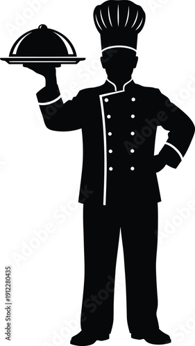 A silhouette of a chef holding a serving dish