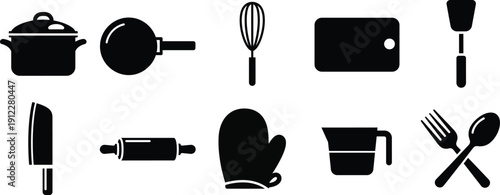 Kitchen utensils and cookware silhouette icons