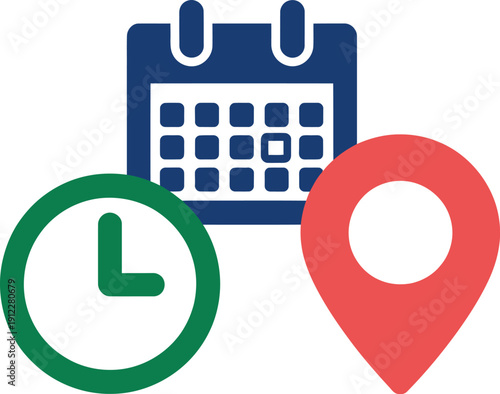 A graphic illustration of a calendar, clock, and location pin on a white background