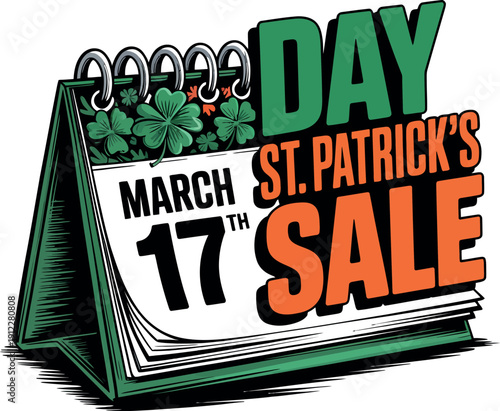 A colorful illustration of a calendar marking St. Patrick's Day on March 17th with a sale announcement