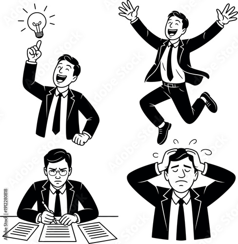 A businessman experiences various emotions while working at his desk and having ideas.