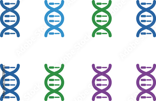 A colorful pattern of DNA double helix structures on a white background