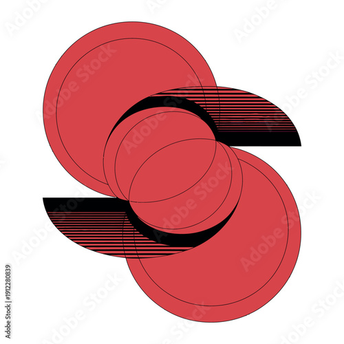A modern graphic design featuring overlapping red circles and black stripes on a white background