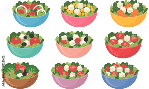 fresh salad bowl collection, colorful vegetable salads with greens, tomatoes, healthy eating concept, vector illustration.